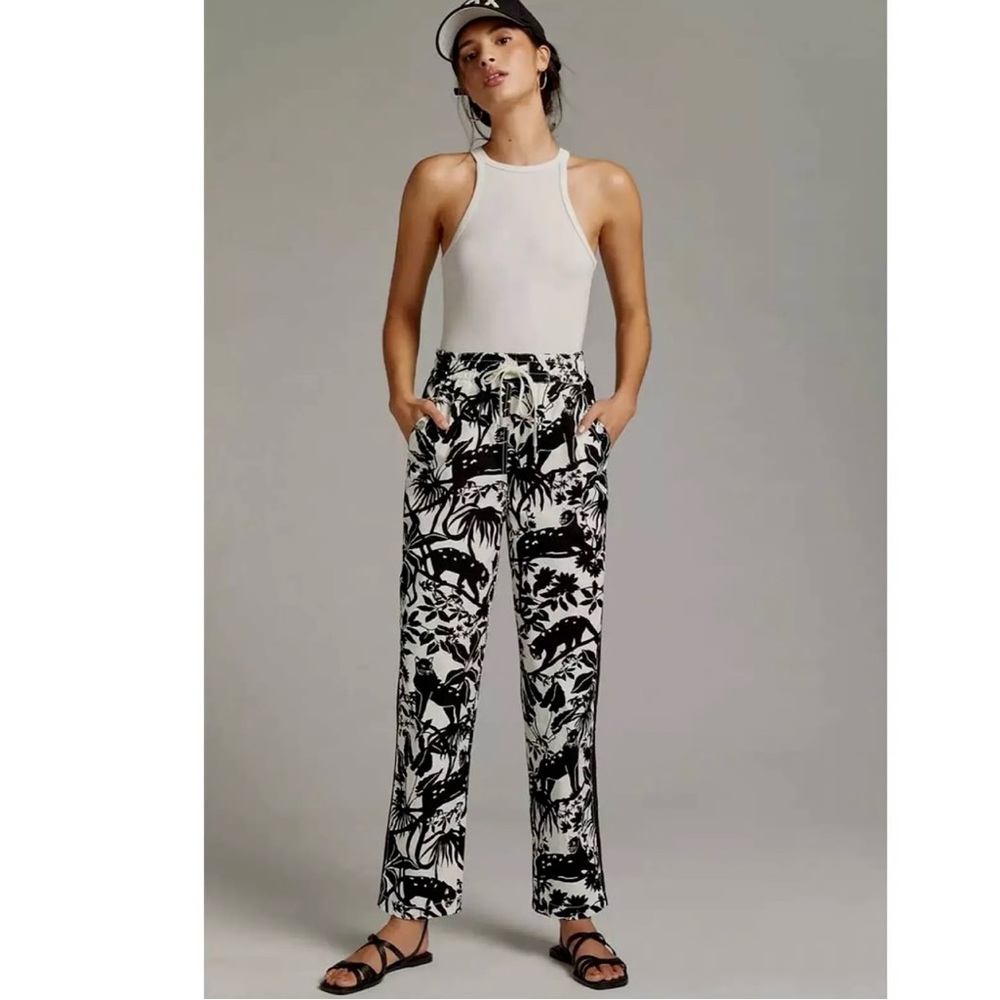Anthropologie Maeve tenley twill track pants black animal jungle print motif